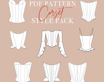 SEWING PATTERN BUNDLE - Corset Pattern Style Pack | Pdf Pattern Bundle with 8 Corset Sewing Patterns | Sizing 32-48 - A0, A4 and Letter