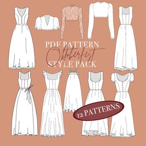 May include: A collection of white dress and top designs, including a long dress with a V-neck, a cropped top, and a skirt. The text "PDF PATTERN Oktoberfest STYLE PACK" is displayed above the designs, with "12 PATTERNS" in a maroon oval.