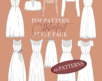 SEWING PATTERN BUNDLE - Dirndl Style Pack | Pdf Pattern Pack with 5 Dirndl  - 3 Blouse & 1 Apron PatternSizing 32-48 - A0, A4 and Letter