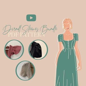May include: A digital PDF pattern bundle for dirndl sleeves featuring a line-art illustration of a dress and three circular insets showing a ruffled mauve sleeve, a black puff sleeve, and a beige polka-dot sleeve on a light tan background.