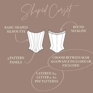 Op de afbeelding: Een technische illustratie van een korsetpatroon met een ronde halslijn en vijf panelen. De tekst bevat Shaped Corset, Basic Shaped Silhouette, Round Neckline, 5 Pattern Panels, Choose Between Seam Allowance Included Or Excluded en Layered A4, Letter & A0 PDF Patterns.
