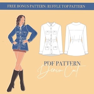 Puede incluir: Ilustración de un patrón de abrigo vaquero con cinturón, bolsillos y cierre de botones. La imagen incluye un dibujo de una persona que lleva el abrigo y un dibujo lineal del abrigo. El texto dice "FREE BONUS PATTERN: RUFFLE TOP PATTERN" y "PDF PATTERN Denim Coat."