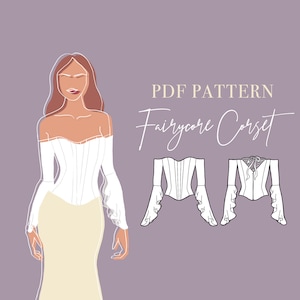 Op de afbeelding: Een digitaal PDF-patroon voor een "Fairycore Corset" wordt getoond tegen een lavendel achtergrond. De afbeelding bevat een gestileerde illustratie van een vrouw die het korset draagt, plus technische tekeningen van het ontwerp. Het korset is wit met off-the-shoulder mouwen.