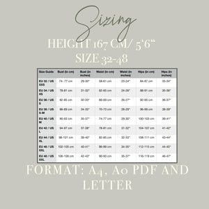 May include: A sizing chart with measurements in centimeters and inches, including bust, waist, and hip sizes. The chart covers sizes EU 32/US XXS to EU 48/US XXL, with a height of 167 cm / 5'6". The format is A4, Ao PDF, and Letter.