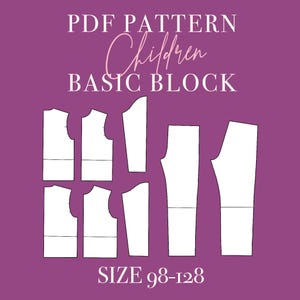 Padrão de costura de bloco de corpo plano infantil em PDF | Tamanhos 98-128 | Formatos A4, A0, Letter e AI | Loper para roupas infantis