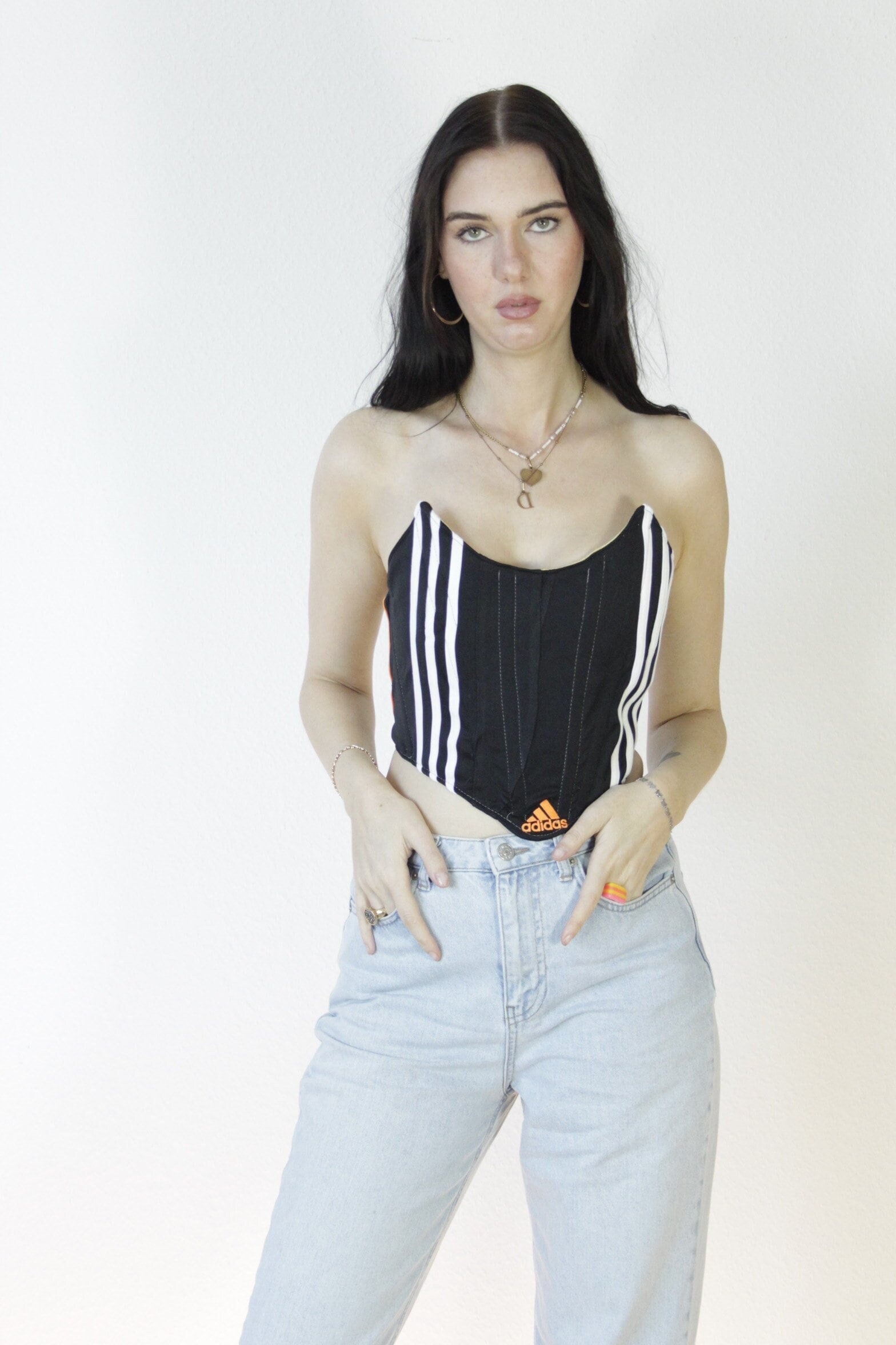 Upcycled Black Bandeau Corset Top Made From Vintage Adidas Pants