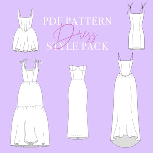 Puede incluir: Patrón PDF para cuatro estilos de vestidos diferentes. Los vestidos son todos blancos y tienen diferentes escotes y longitudes. El texto "PDF PATTERN Dress STYLE PACK" está escrito en rosa en la parte superior de la imagen.