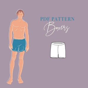 Op de afbeelding: Een digitale illustratie van een PDF-patroon voor boxershorts. Het patroon wordt weergegeven op een witte achtergrond. De tekst "PDF PATTERN Boxers" is geschreven in blauw en wit op een paarse achtergrond.