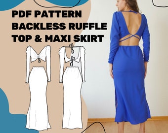 SEWING PATTERN Backless Top and silky Maxi Skirt PDF sewing pattern size 32-42 - Bridesmaid Dress Pattern - Ruffle Longsleeve Top