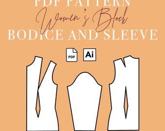 May include: PDF pattern for a women's bodice and sleeve. The pattern is shown in three pieces: a front bodice, a back bodice, and a sleeve. The pattern is available in PDF and AI formats.