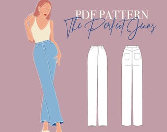May include: PDF pattern for sewing the Perfect Jeans. The pattern includes a front and back view of the jeans.