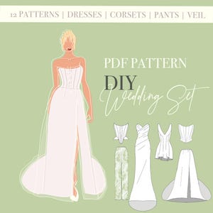 Könnte beinhalten: Digitale Illustration eines DIY-Hochzeitssets mit einem trägerlosen Hochzeitskleid mit hohem Schlitz, Korsetts, Hosen und einem Schleier. Der Text "PDF Pattern DIY Wedding Set" wird auf hellgrünem Hintergrund angezeigt.
