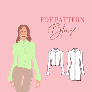 Op de afbeelding: PDF-patroon voor een blouse met lange mouwen en een knoopsluiting. Het patroon bevat een voor- en achterkant van de blouse.