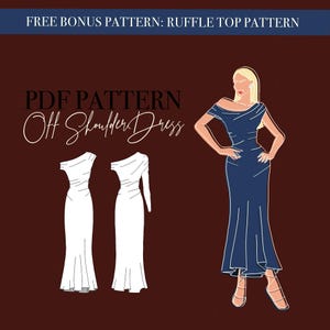 Könnte beinhalten: Digitale Illustration eines Off-Shoulder-Kleid-Musters. Das Bild zeigt ein marineblaues Kleid an einem Model, zwei Kleiderumrisse und den Text "FREE BONUS PATTERN: RUFFLE TOP PATTERN" und "PDF PATTERN Off Shoulder Dress".