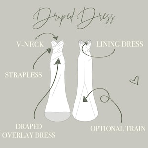 May include: Diagram of a strapless, draped overlay dress with a V-neck design. The image also shows a lining dress and an optional train. Text on the image reads "Draped Dress".