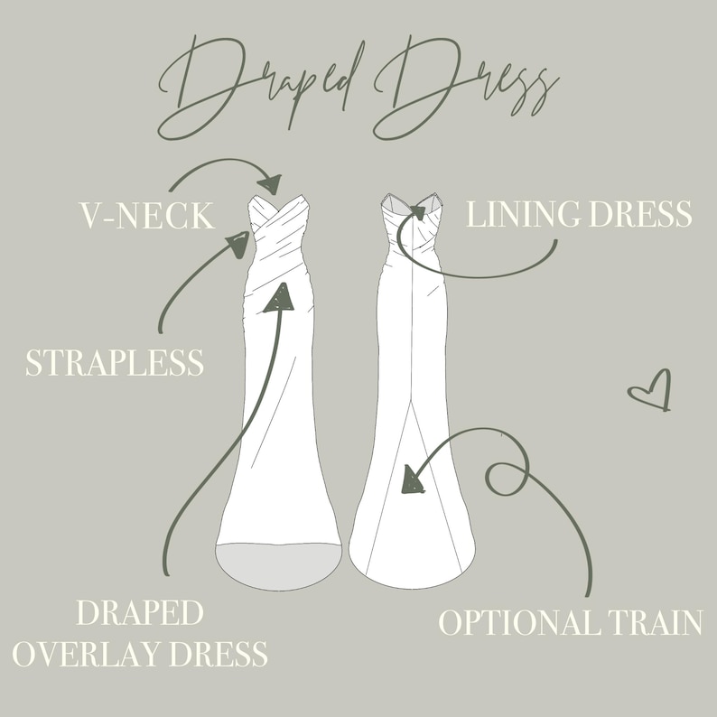 May include: Diagram of a strapless, draped overlay dress with a V-neck design. The image also shows a lining dress and an optional train. Text on the image reads "Draped Dress".