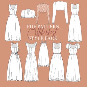 Könnte beinhalten: Eine Sammlung weißer Kleid- und Top-Designs, darunter ein langes Kleid mit V-Ausschnitt und Knopfdetails, ein Crop-Top und ein langärmliges Top. Der Text "PDF Pattern Oktoberfest Style Pack" wird angezeigt.