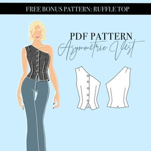 PATRÓN DE CHALECO - Patrón de costura de chaleco asimétrico en PDF para mujer / Tallas 32-48 UE / Archivos de proyección A4, Carta y A0 / Ropa elegante DIY