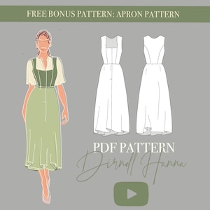 May include: Illustration of a woman wearing a green and white dress, with two line drawings of the dress. Text at the top reads "FREE BONUS PATTERN: APRON PATTERN". Below the drawings is "PDF PATTERN Dirndl Hanna".