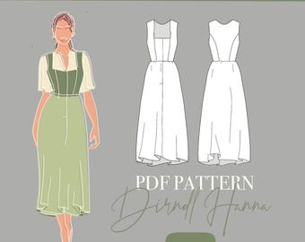 DIRNDL PATTERN - Straight Neckline Style Bodice with Zipper option- Eu Size 32-48/ Us Size xxs-xxl / + Apron Cutting Instructions