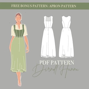 May include: Illustration of a woman in a green dress with a white blouse and apron. Two line drawings of a white dress are on the right. Text at the top reads "FREE BONUS PATTERN: APRON PATTERN". The text "PDF PATTERN Dirndl Hanna" is at the bottom.