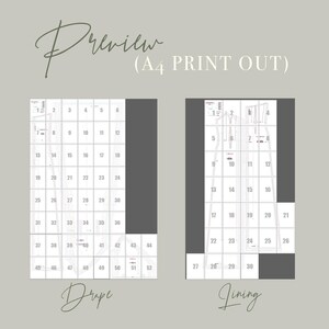 May include: A preview of a sewing pattern layout, with the text "Preview (A4 Print Out)". The layout is divided into numbered sections for "Drape" and "Lining", with a neutral color scheme.
