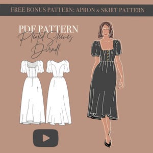 May include: Illustration of a black dress with pleated sleeves and a dirndl design. The image includes a drawing of the dress and a woman wearing the dress. Text at the top reads "FREE BONUS PATTERN: APRON & SKIRT PATTERN". The text "PDF PATTERN Pleated Sleeves Dirndl" is also present.