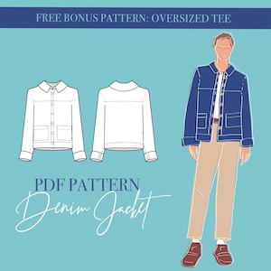 May include: Illustration of a denim jacket pattern with a blue background. The image includes a drawing of the jacket, a person wearing the jacket, and the text "FREE BONUS PATTERN: OVERSIZED TEE" and "PDF PATTERN Denim Jacket".