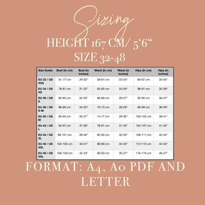 Pu&ograve; includere: Una tabella delle taglie con misure in centimetri e pollici, comprese le misure di busto, vita e fianchi. La tabella copre le taglie 32-48, con altezza di 167 cm / 5'6". Formato A4, Ao PDF e Letter.