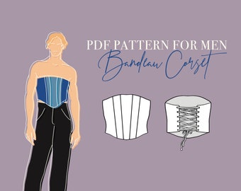 May include: A PDF pattern for a bandeau corset. The pattern includes two views: a front view and a back view. The front view shows a corset with a straight neckline and a lace-up back. The back view shows the corset with a lace-up back.