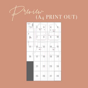 Pu&ograve; includere: Uno sfondo color pesca con una griglia di pezzi di modello numerati. Il testo "Preview (A4 PRINT OUT)" si trova nell'angolo in alto a sinistra. I pezzi del modello sono bianchi con linee e numeri neri. I pezzi del modello sono per cucire.