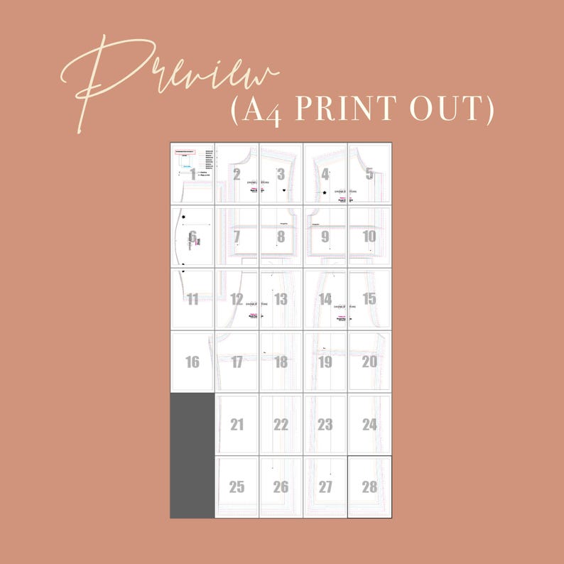 Pu&ograve; includere: Uno sfondo color pesca con una griglia di pezzi di modello numerati. Il testo "Preview (A4 PRINT OUT)" si trova nell'angolo in alto a sinistra. I pezzi del modello sono bianchi con linee e numeri neri. I pezzi del modello sono per cucire.