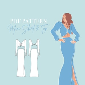 May include: PDF pattern for a maxi skirt and top. The pattern includes a front and back view of the skirt and top. The top has a tie detail at the front and a criss-cross detail at the back. The skirt is maxi length and has a slit at the front.