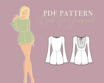 JUMPSUIT ROMPER PATTERN: Backless Flared Jumpsuit Long Sleeve Pdf Sewing Pattern – Sizes 32-48 – A4, A00 & Letter Format – Digital Download
