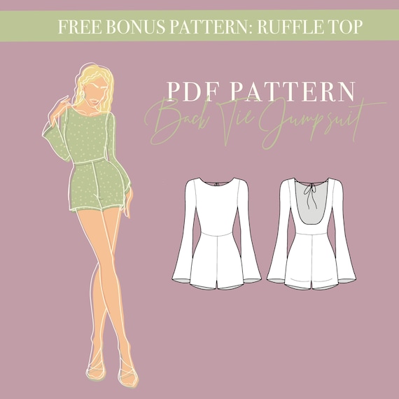JUMPSUIT ROMPER PATTERN: Backless Flared Jumpsuit Long Sleeve Pdf Sewing Pattern – Sizes 32-48 – A4, A00 & Letter Format – Digital Download