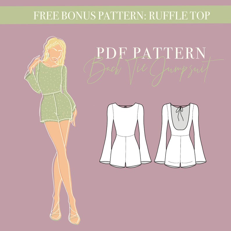 JUMPSUIT ROMPER PATTERN: Backless Flared Jumpsuit Long Sleeve Pdf Sewing Pattern – Sizes 32-48 – A4, A00 & Letter Format – Digital Download image 1