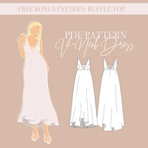 DRESS SEWING PATTERN - V-Neck Dress with Mesh Cut-Out and Flowy Empire Waist | Maternity-Friendly | Size 32-48/ xxs-xxl | A4, A0 & Letter