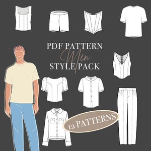 May include: A digital PDF pattern style pack featuring 12 clothing designs, including shirts, pants, and tops, displayed as white line drawings on a dark gray background with the text PDF PATTERN MEN STYLE PACK and 12 PATTERNS.