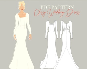 PDF Wedding Dress Sewing Pattern – Fit & Flare Gown with Low Back Cut Out |  Long Sleeves | EU 32–48 (US 0–16, Uk 4–20) | Digital Download