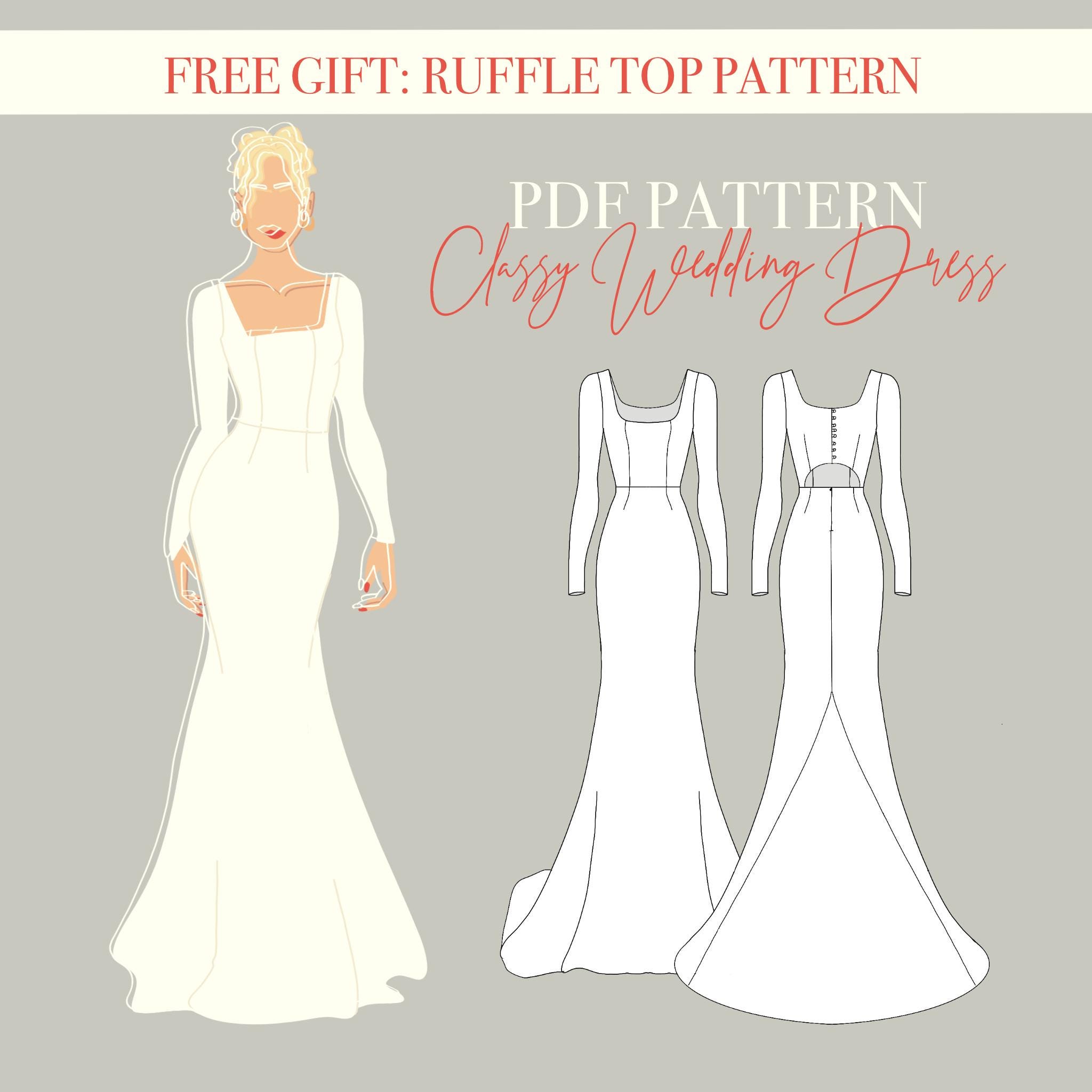 PDF Wedding Dress Sewing Pattern  Fit & Flare Gown With Low Back Cut Out |  Long Sleeves | EU 3248 (US 016, Uk 420) | Digital Download - Etsy