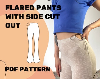 FLARED PANTS PATTERN with Side Cut Outs Size xs-xl/ Stretch flared leggins sewing pattern pdf / Pdf digital Sewing Pattern instant download