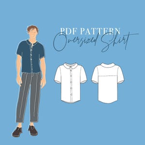 May include: PDF pattern for an oversized shirt. The pattern includes a front and back view of the shirt. The shirt has a collar and short sleeves.