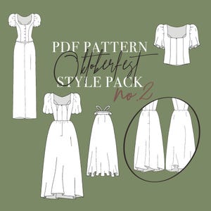 Könnte beinhalten: Ein digitales PDF-Schnittmuster Style Pack no. 2 mit schwarz-weißen Strichzeichnungen von Kleidungsdesigns. Die Abbildungen zeigen ein Kleid mit Puffärmeln und Knöpfen, eine separate Bluse, einen Rock und eine Detailansicht eines Rocksaums.
