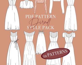 Puede incluir: Una colección digital de diseños de ropa con varias siluetas de vestidos y tops sobre un fondo terracota. El texto dice PDF PATTERN Dirndl STYLE PACK y 12 PATTERNS. Las ilustraciones muestran dibujos lineales blancos de vestidos con diferentes escotes, largos de manga y estilos de falda.