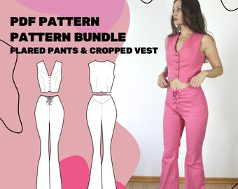FLARED PANTS and Cropped Vest PATTERN - Cowgirl costume sewing pattern incl. flared pants and cropped vest - Size xxs-L