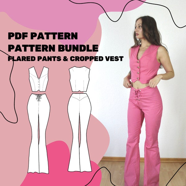 FLARED PANTS and Cropped Vest PATTERN - Cowgirl costume sewing pattern incl. flared pants and cropped vest - Size xxs-L