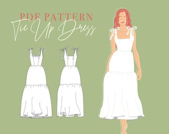 May include: Digital PDF pattern for a Tie Up Dress and Ruffle Top. The image shows a white dress with tie-up straps and a tiered skirt, along with a line drawing of the dress and a woman wearing the dress. The background is a light green color.