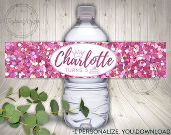 Pink Birthday Party Theme Water Bottle Labels, Pink Girl Birthday Decor, Customizable, Party Printable.