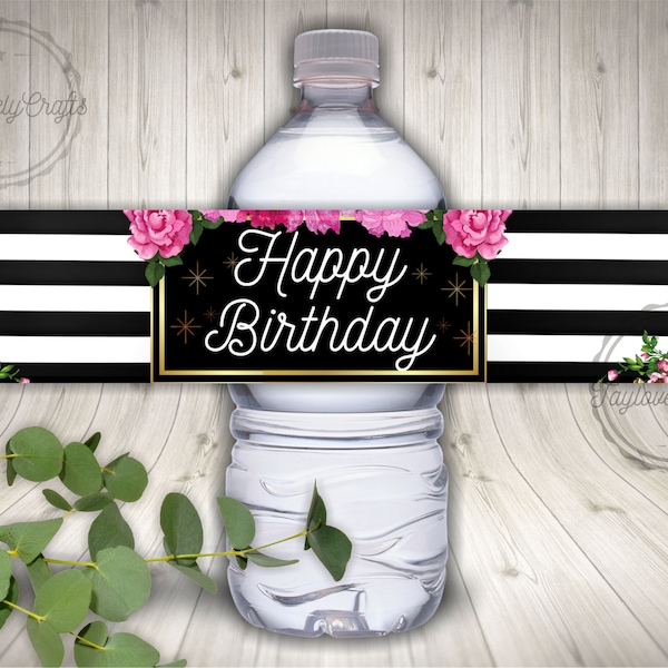 Stripes and Pink Water Bottle Labels, Kate Spade Theme Party Decorations, Instant Digital Download.