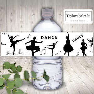 May include: Black and white printable water bottle label with the word "DANCE" and silhouettes of ballerinas. The label also includes musical notes.